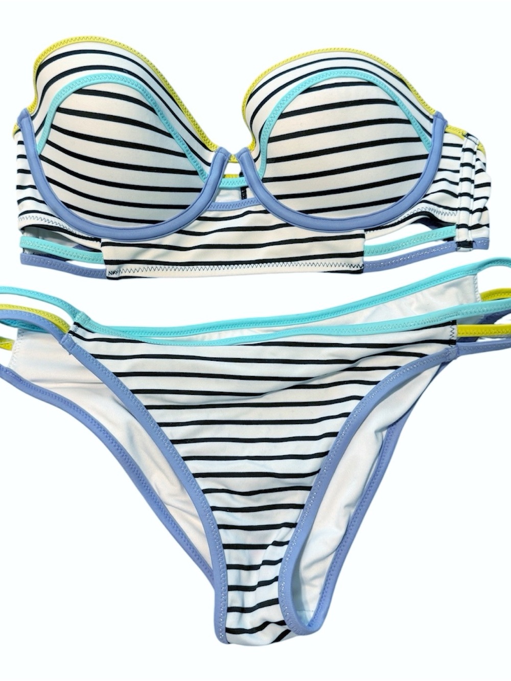 Victoria's Secret White and Black Striped Bandeau Bikini with Pastel Trim Med 34